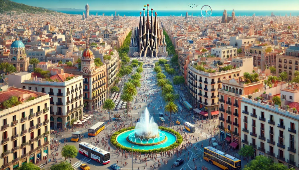 Ilustrasi Kota Barcelona dibuat dengan menampilkan elemen-elemen ikonik dan suasana khas Barcelona.